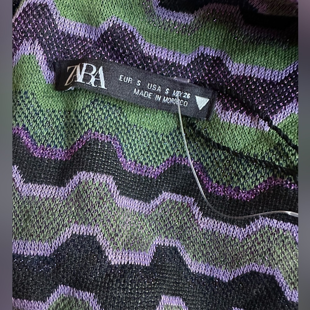 Zara NWOT Green and purple metallic geo stripe mini dress, boho 70s, size small - Picture 9 of 9